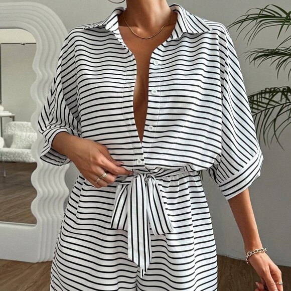 White Boho Women's Striped Batwing Sleeve Front Button Romper - Picture 3 of 5